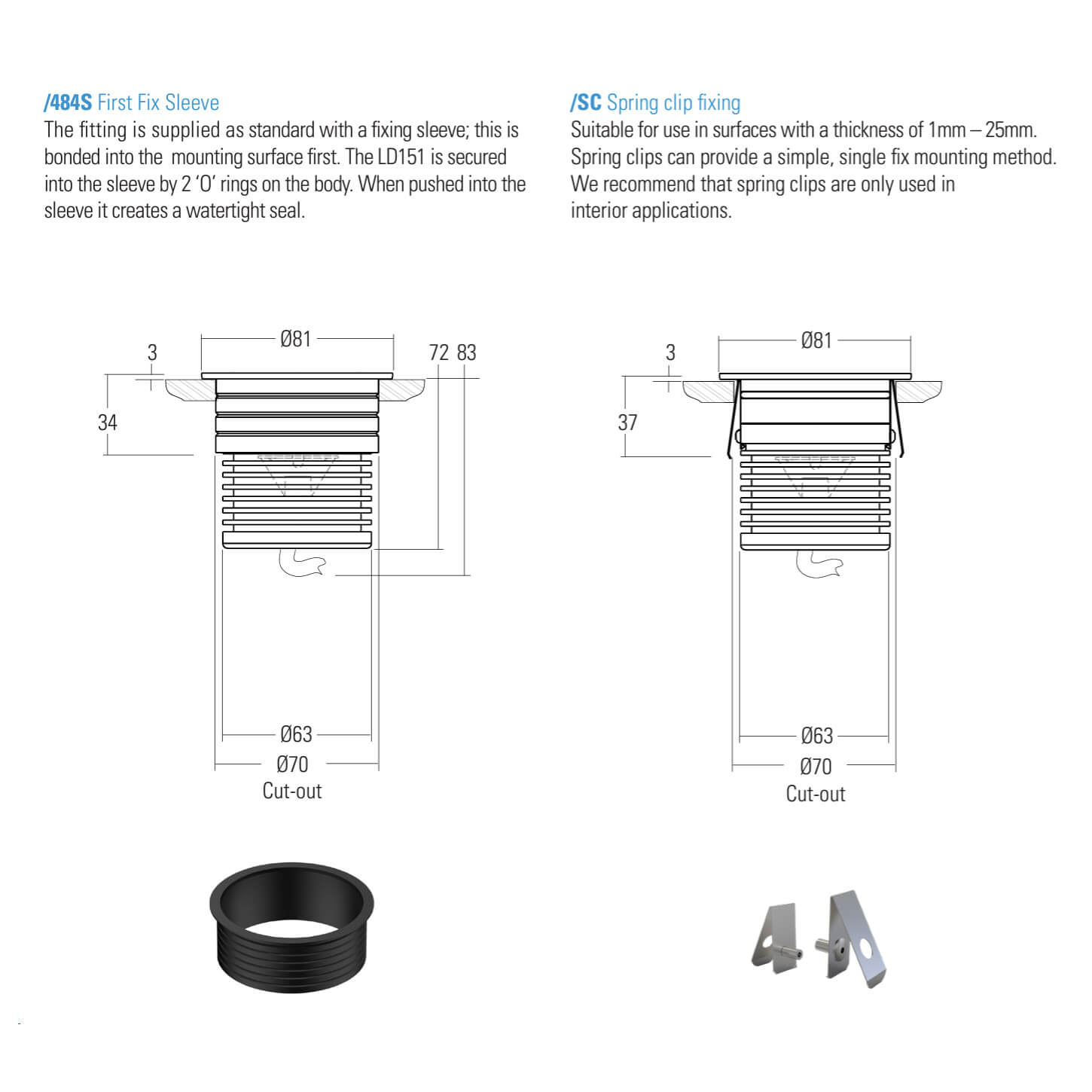 LD151 dimensions for different fixing mechanics