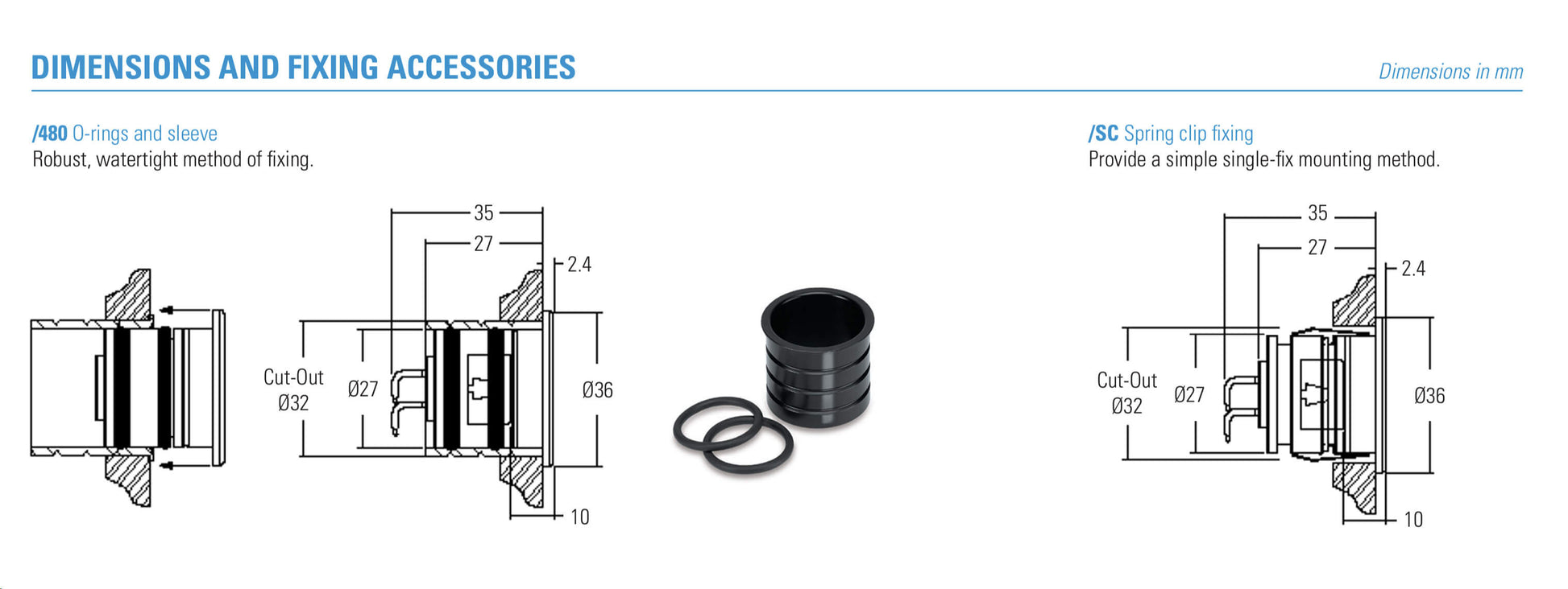 LD42 dimensions for different fixing mechanics