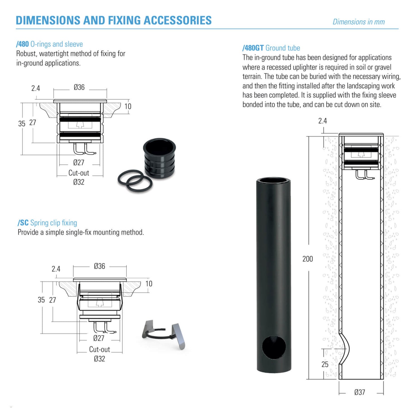 LD43 dimensions and fixing accessories