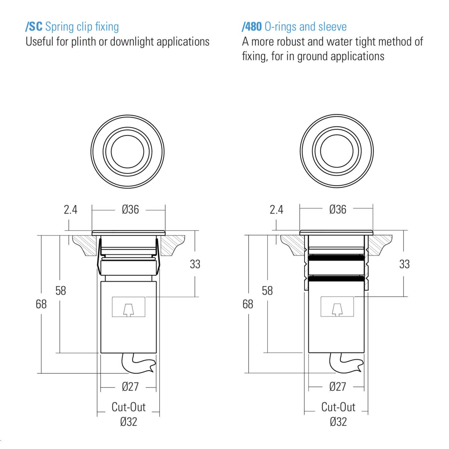 LD43DR dimensions for different fixing mechanics