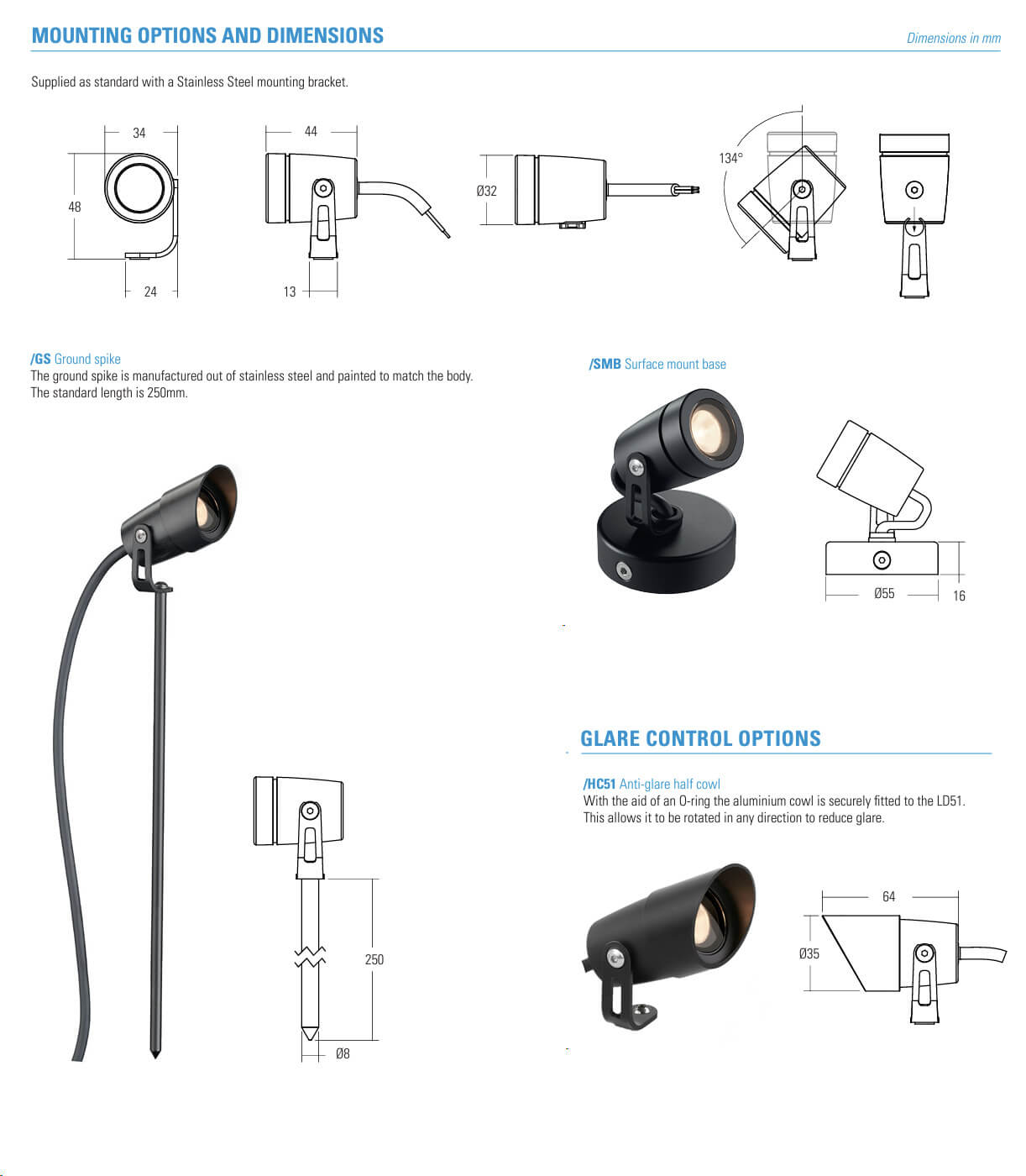 LD51 Mounting and glare control options and dimensions