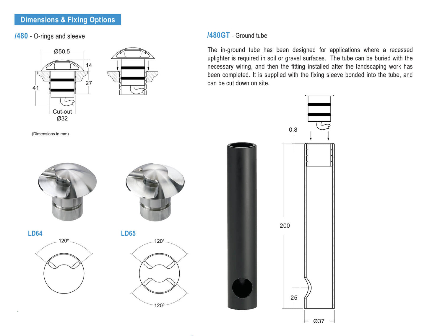 LD64 and LD65 dimensions, fixing options and light outputs