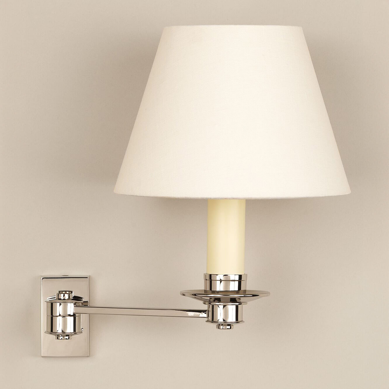 Library single arm wall light in nickel with a 7" empire laminated shade in lily linen