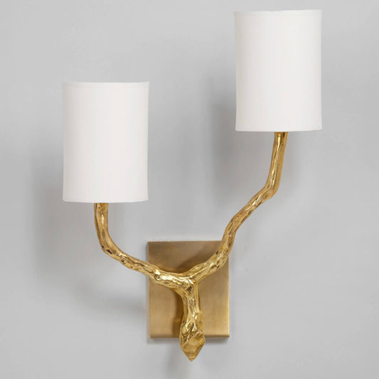 Twig 2 arm wall light in brass with large backplate and shades