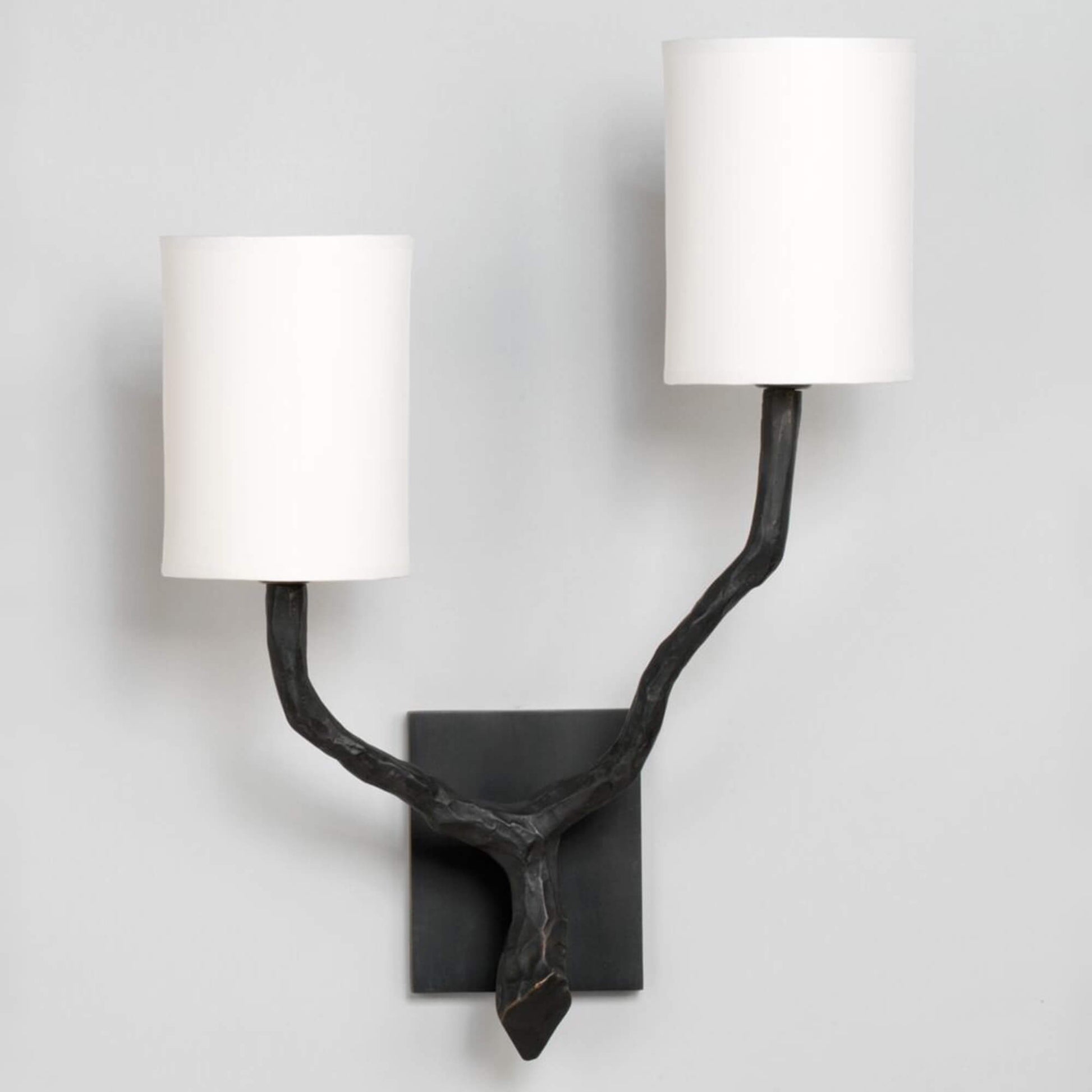 Twig 2 arm wall light in bronze with large backplate and shades