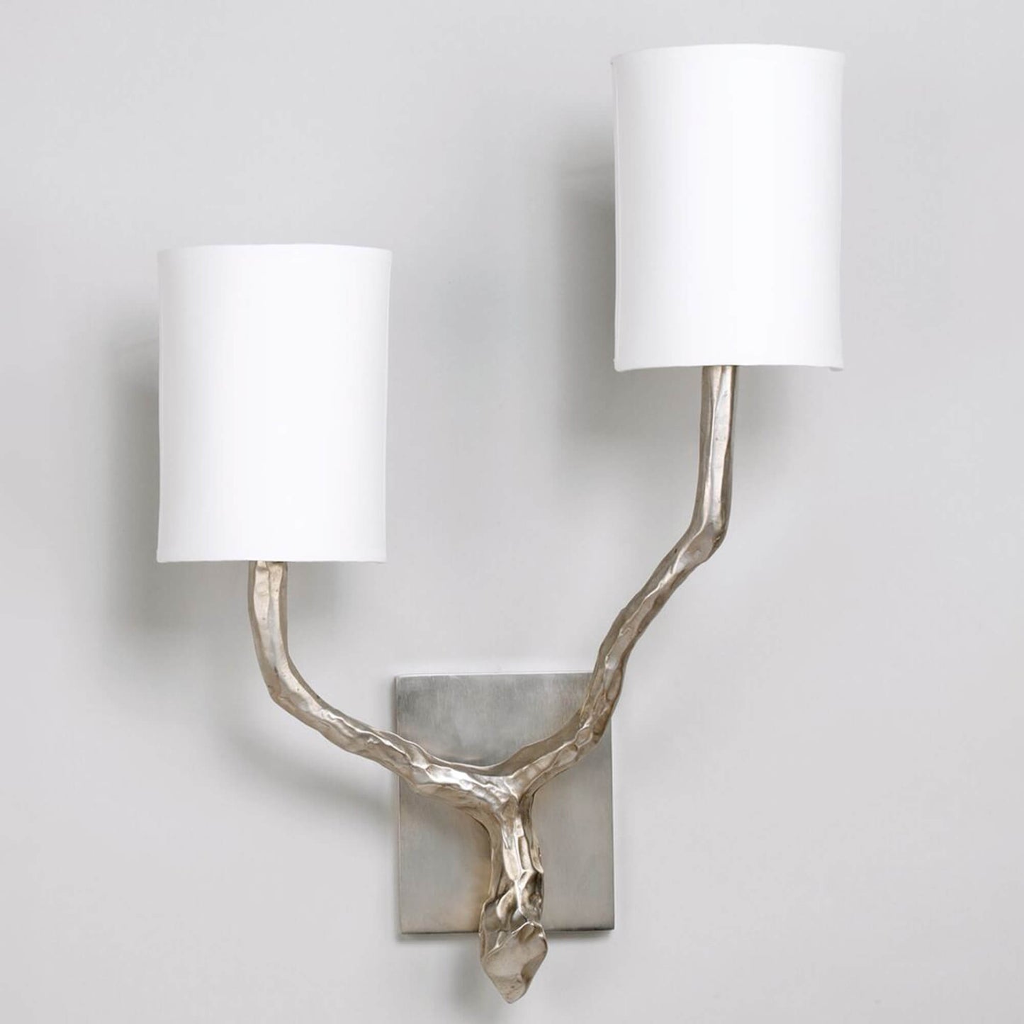 Twig 2 arm wall light in nickel with large backplate and shades