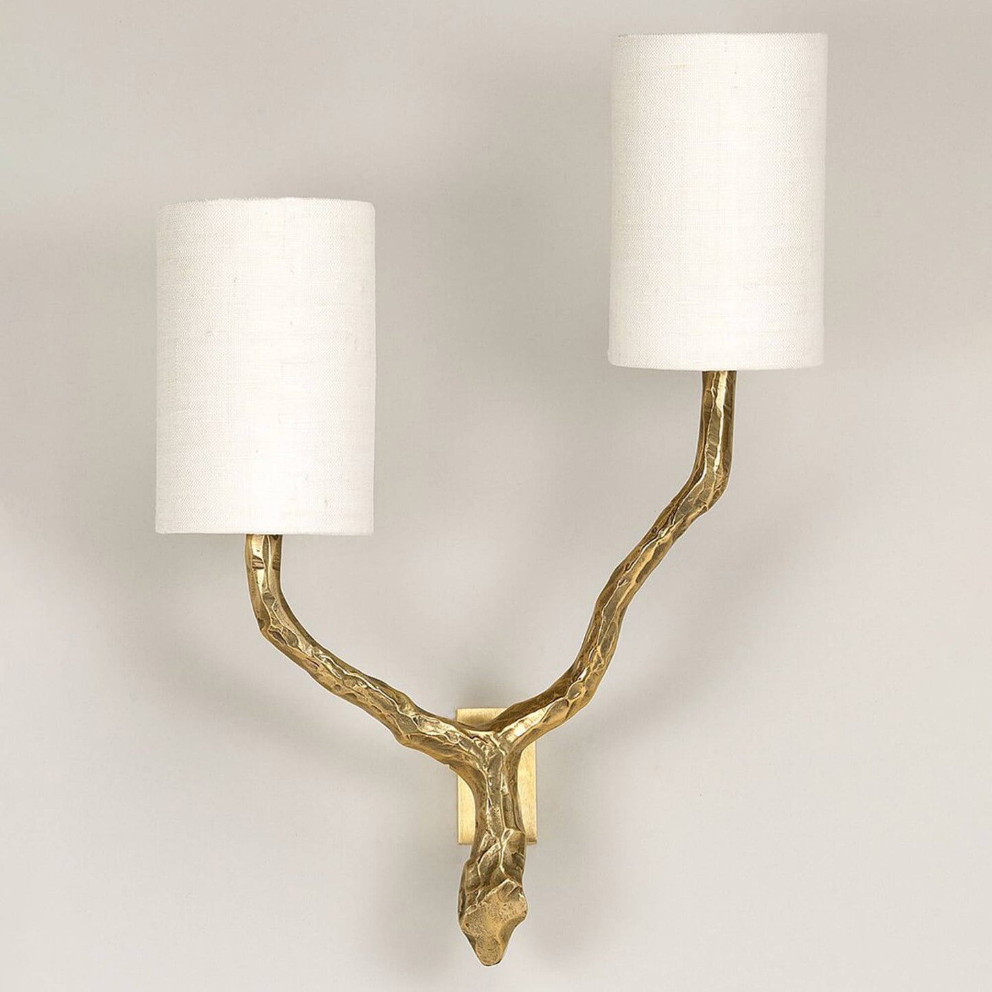 Twig 2 arm wall light in brass with narrow backplate and shades