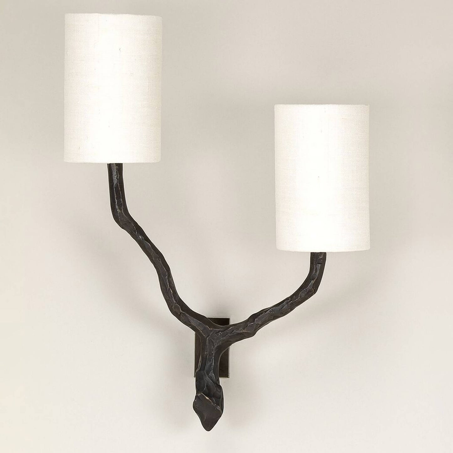 Twig 2 arm wall light in bronze with narrow backplate and shades